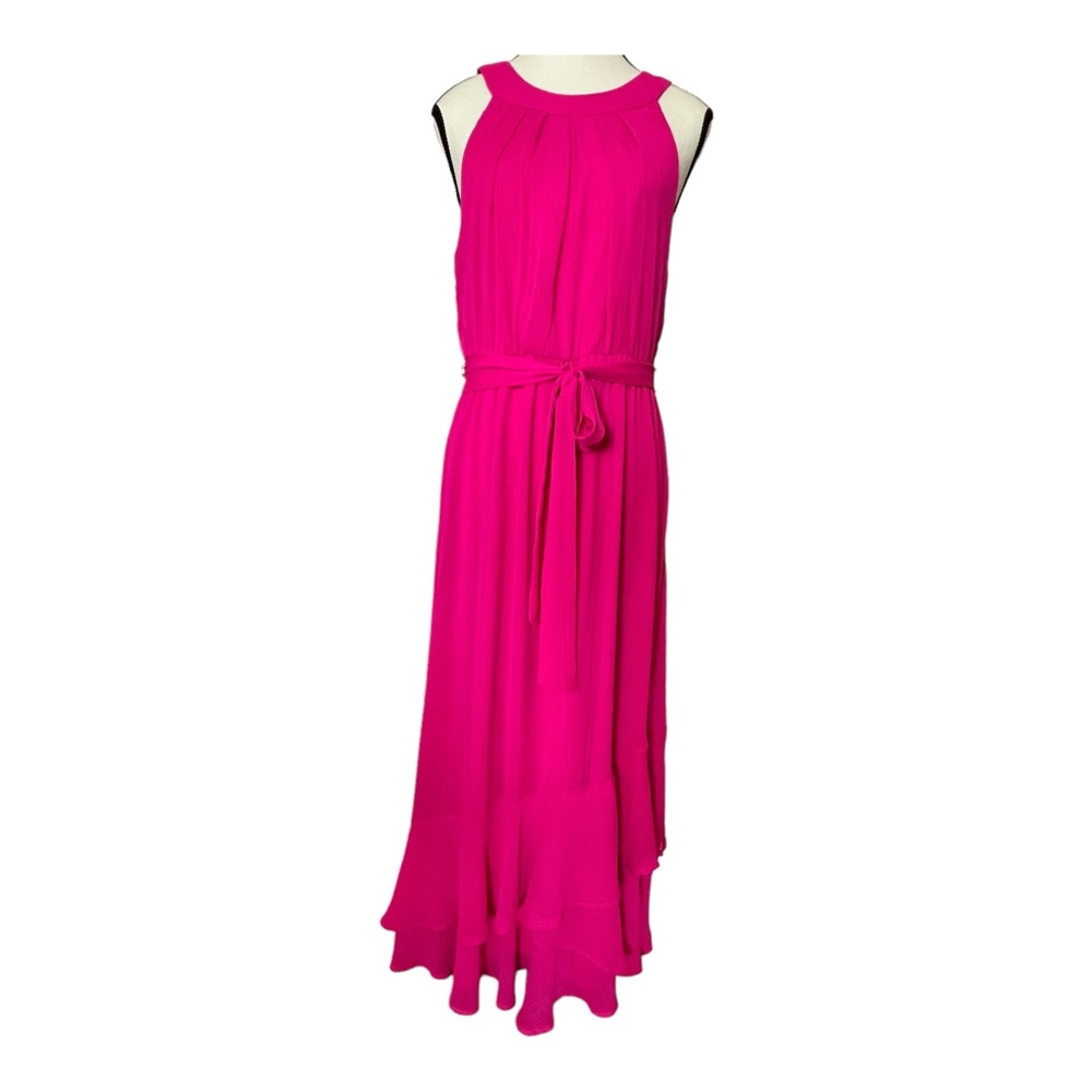 Calvin Klein Belted Halter Neck Chiffon Dress with Ruffle Hem
